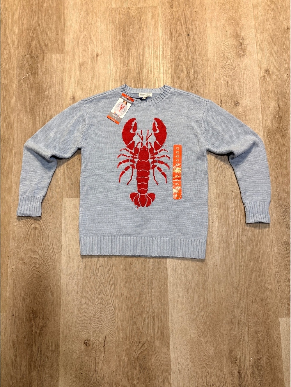 Mighty Fine Light Blue Knit Sweater w/ Lobster Size XS Nautical Ocean Fall